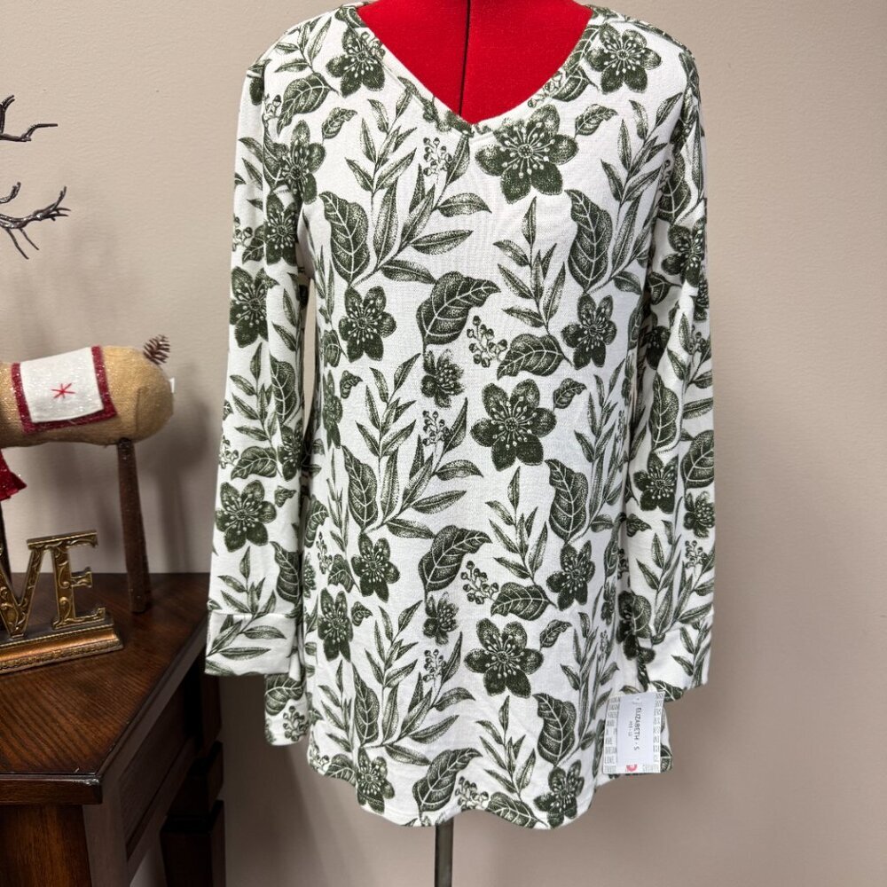 LuLaRoe Elizabeth Long Sleeve Tunic NWT Green and White Floral Leaves NEW size S